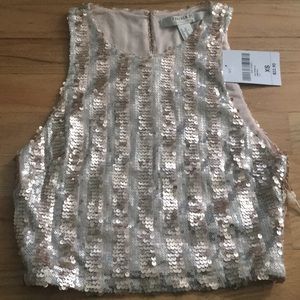 xs rose gold striped metallic sequin crop top